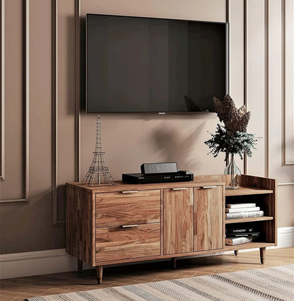 Woodmarwar Solid Acacia  Wood Entertainment Tv Unit With Storage Honey Finish For Home & Office Furniture