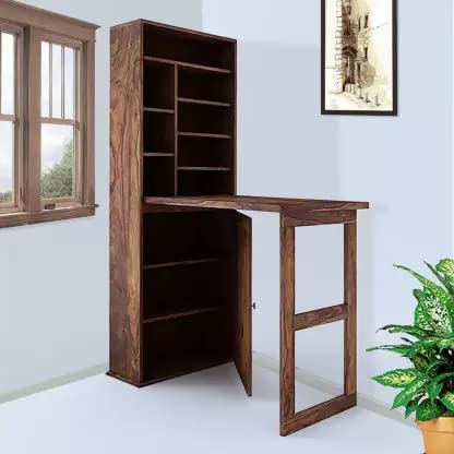 WoodMarwar Solid Sheesham Wood Foldable Study Table For Adults | Wooden Folding Writing Desk | Computer Table for Home | Office Table for Office Work with Multiple Shelves | Work From Home Table with Door Cabinet & Shelf Storage