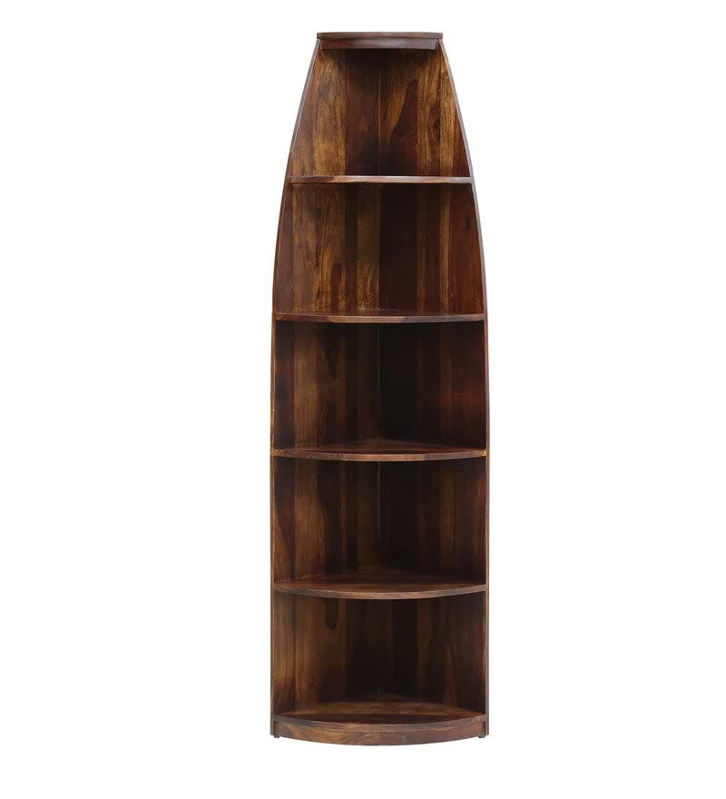 Woodmarwar Solid Sheesham Wood Floor Standing Shelf | Corner Shelf For Living Room | Wooden Corner 5 Tier Ladder Shelves for Bedroom | Decorative Corner Home Decor Bookcase | Corner Shelf For Office | Brown Finish