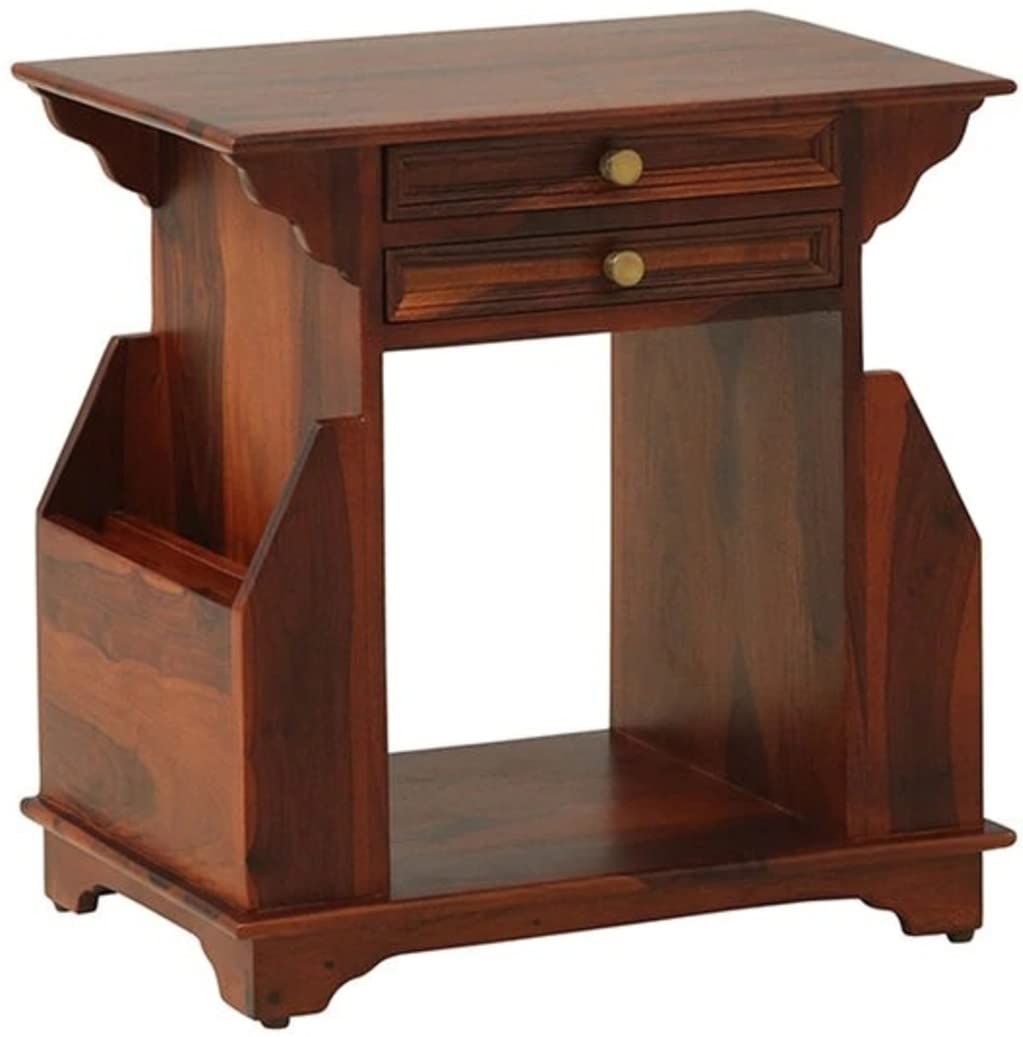 Woodmarwar Solid Sheesham Wood Bedside Table for Bedroom | Solid Wood Bed Side Nightstand End Table with Magazine Holder, 2 Drawer & Shelf Storage for Home & Living Room | Sofa Side Table