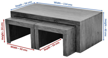 WoodMarwar Sheesham Wood Rectangle Center Coffee Table for Living Room | Solid Wooden Sofa Centre Table with 2 Stool for Home & Outdoor