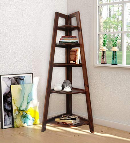 WoodMarwar Sheesham Wood Book Shelf /Bookcase For Living Room Corner Bookcase for Home Decor & Office