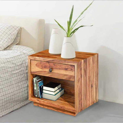 Woodmarwar Solid Sheesham Wood Bedside Table for Bedroom | Solid Pure Wooden Bed Side Nightstand End Table with 1 Drawer & 1 Open Shelf Storage for Home & Bed Room