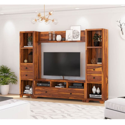 Woodmarwar Solid Sheesham Wood Entertainment Tv Unit With Storage Honey Finish For Home & Office Furniture