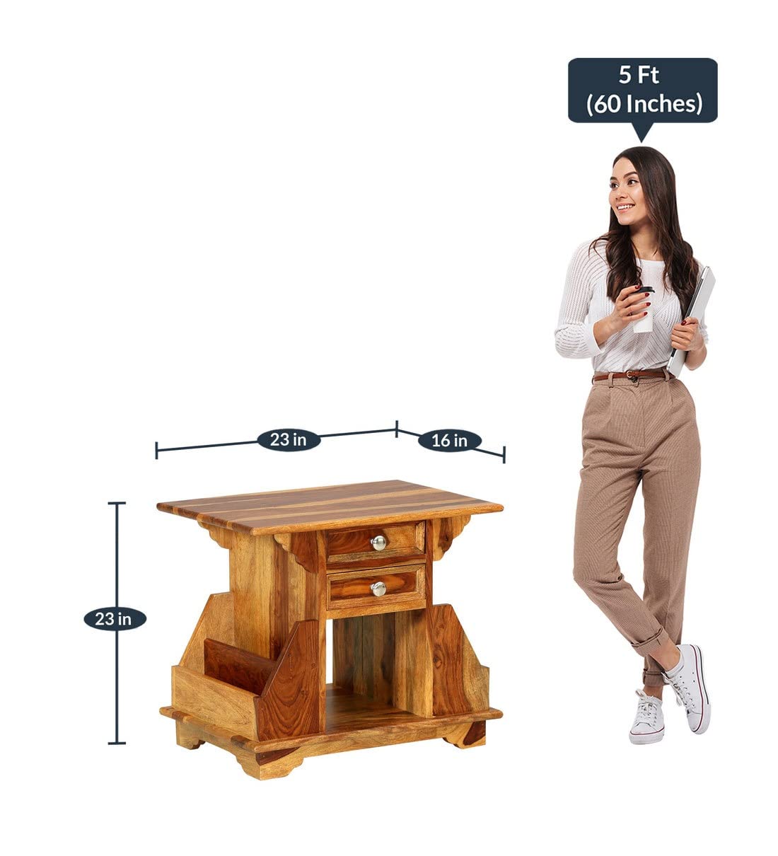 Woodmarwar Solid Sheesham Wood Bedside Table for Bedroom | Solid Wood Bed Side Nightstand End Table with Magazine Holder, 2 Drawer & Shelf Storage for Home & Living Room