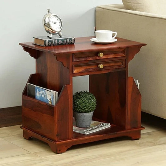 Woodmarwar Solid Sheesham Wood Bedside Table for Bedroom | Solid Wood Bed Side Nightstand End Table with Magazine Holder, 2 Drawer & Shelf Storage for Home & Living Room | Sofa Side Table
