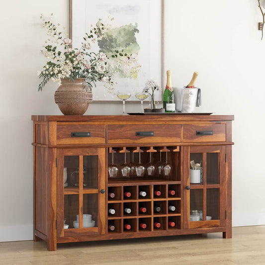 WoodMarwar Solid Sheesham Wood Bar Cabinet With Storage For Bar Room Furniture