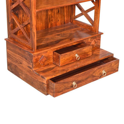 Woodmarwar Solid Sheesham Wood Pooja Mandir For Home|Solid Wooden Temple For Puja Room With 2 Drawer & 2 Open Shelf Storage|Pooja Ghar Wooden Furniture For Pooja Room|Pooja Mandap