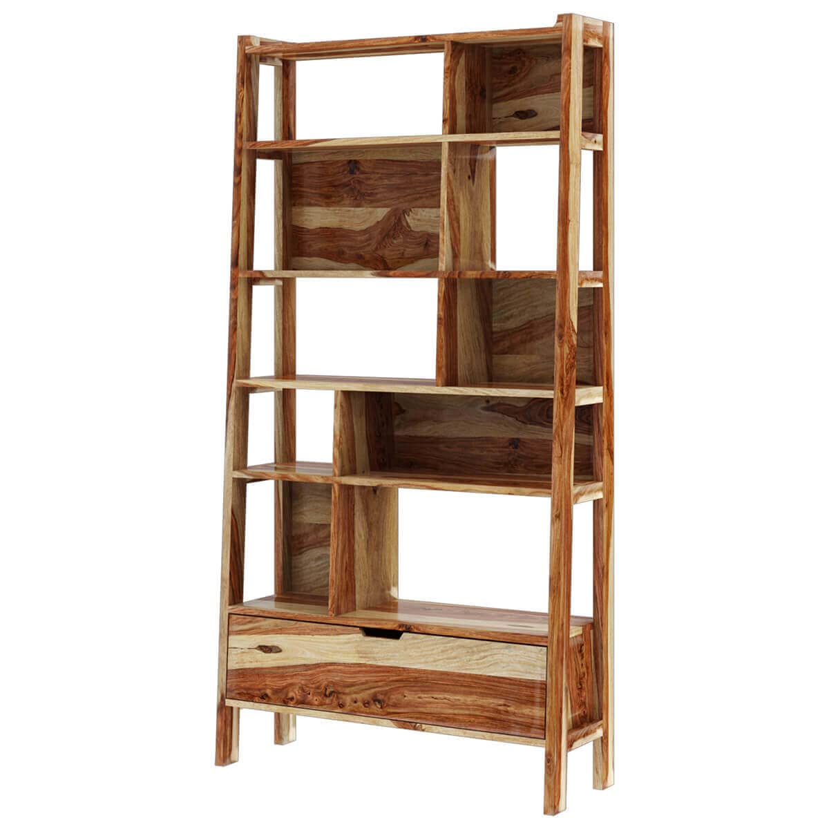 Woodmarwar Solid Sheesham Wood Book Shelf Wooden | Bookshelf for Home Library | Book Shelves Open Bookcase Books Rack | Display Unit Book Stand with 10 Shelf & 1 Drawer Storage for Office & Home | Natural Brown Finish