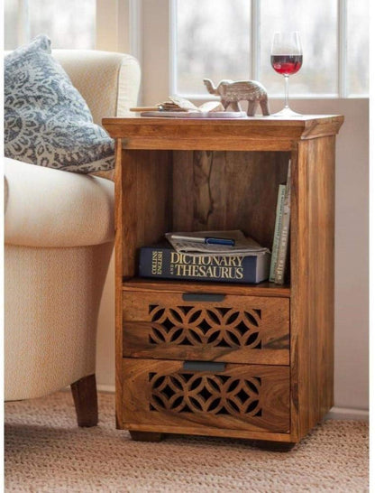 Woodmarwar Solid Sheesham Wood Bedside Table for Bedroom | Solid Wood Bed Side Nightstand End Table with 2 Drawer & Shelf Storage for Home & Bed Room