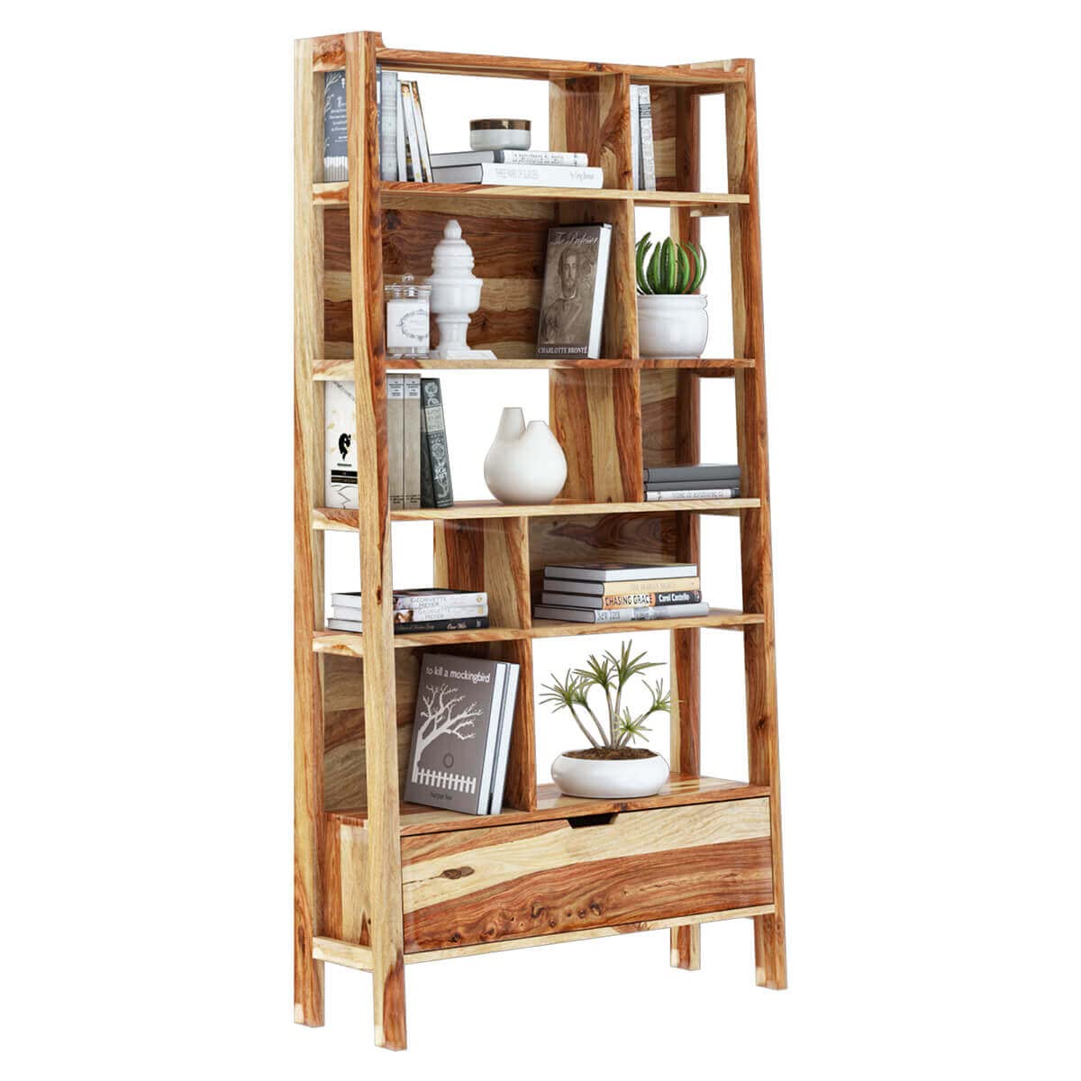 Woodmarwar Solid Sheesham Wood Book Shelf Wooden | Bookshelf for Home Library | Book Shelves Open Bookcase Books Rack | Display Unit Book Stand with 10 Shelf & 1 Drawer Storage for Office & Home | Natural Brown Finish