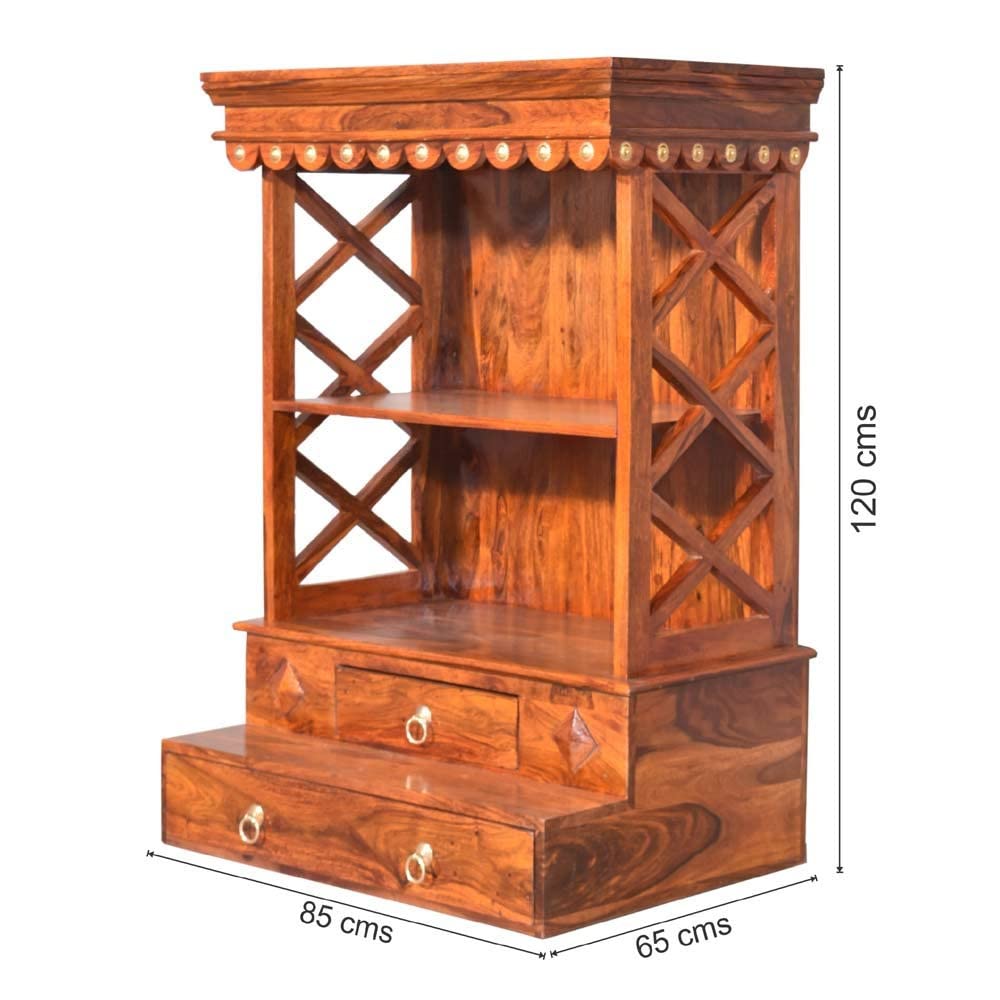 Woodmarwar Solid Sheesham Wood Pooja Mandir For Home|Solid Wooden Temple For Puja Room With 2 Drawer & 2 Open Shelf Storage|Pooja Ghar Wooden Furniture For Pooja Room|Pooja Mandap