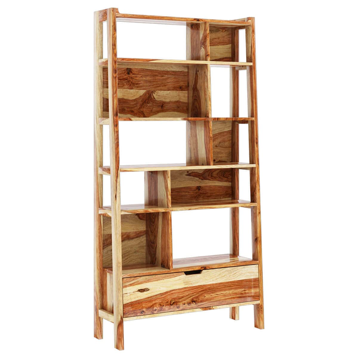 Woodmarwar Solid Sheesham Wood Book Shelf Wooden | Bookshelf for Home Library | Book Shelves Open Bookcase Books Rack | Display Unit Book Stand with 10 Shelf & 1 Drawer Storage for Office & Home | Natural Brown Finish