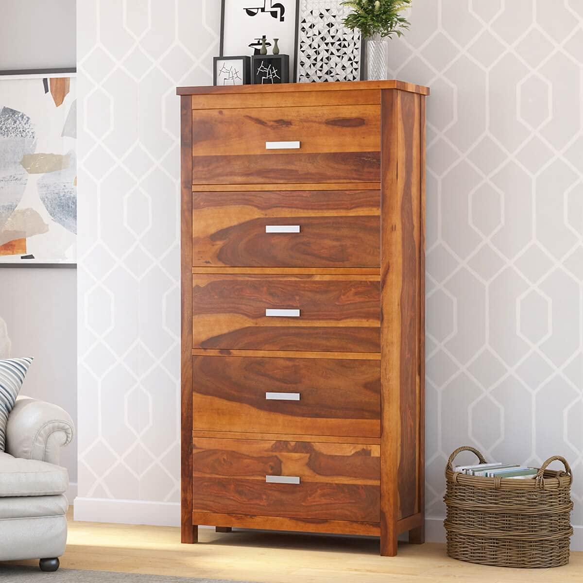 WoodMarwar Solid Sheesham Wood Chest of Drawer 5 Drawers Dresser for Home & Living Room