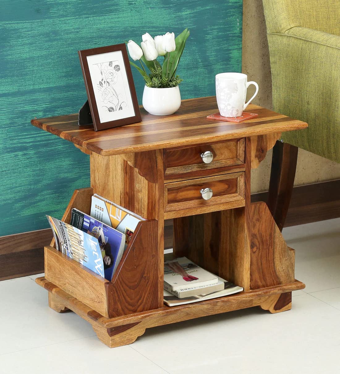 Woodmarwar Solid Sheesham Wood Bedside Table for Bedroom | Solid Wood Bed Side Nightstand End Table with Magazine Holder, 2 Drawer & Shelf Storage for Home & Living Room