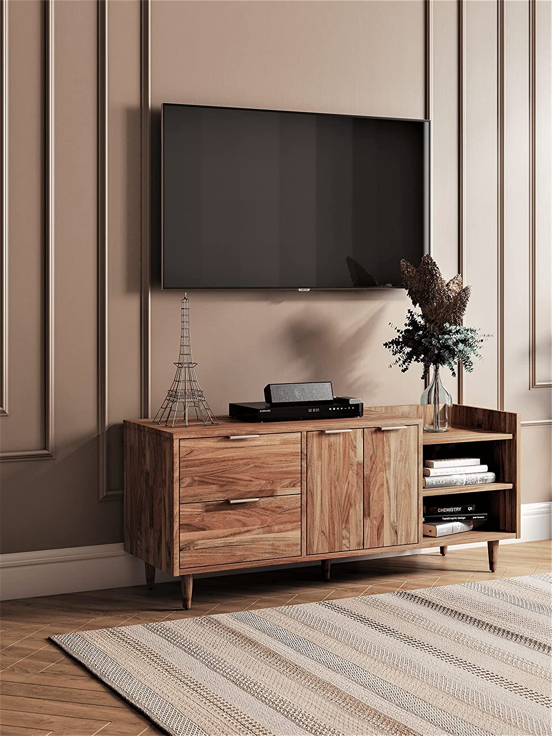 Woodmarwar Solid Acacia  Wood Entertainment Tv Unit With Storage Honey Finish For Home & Office Furniture