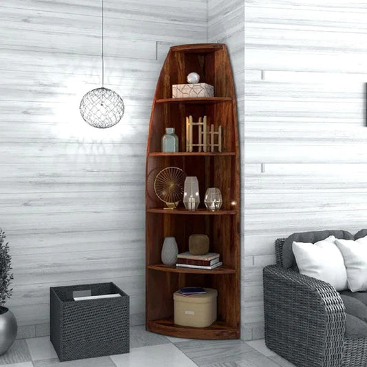 Woodmarwar Solid Sheesham Wood Floor Standing Shelf | Corner Shelf For Living Room | Wooden Corner 5 Tier Ladder Shelves for Bedroom | Decorative Corner Home Decor Bookcase | Corner Shelf For Office | Brown Finish