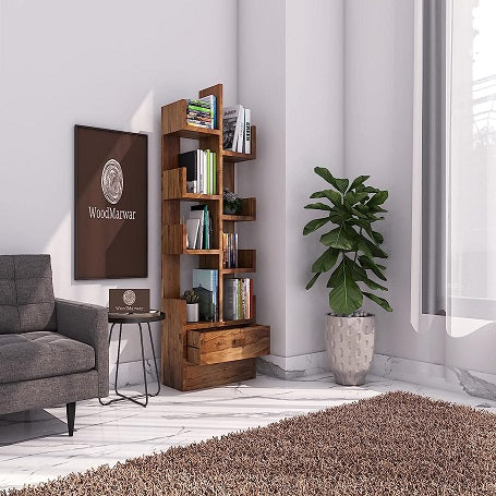 WoodMarwar Sheesham Wood Book Shelf /Bookcase  For Living Room  Corner Bookcase for Home Decor & Office